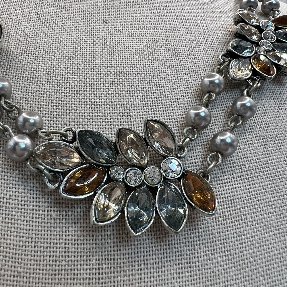 Gray Faux Pearl Rhinestone Necklace Double Strand Floral Statement Bib - Picture 3 of 6